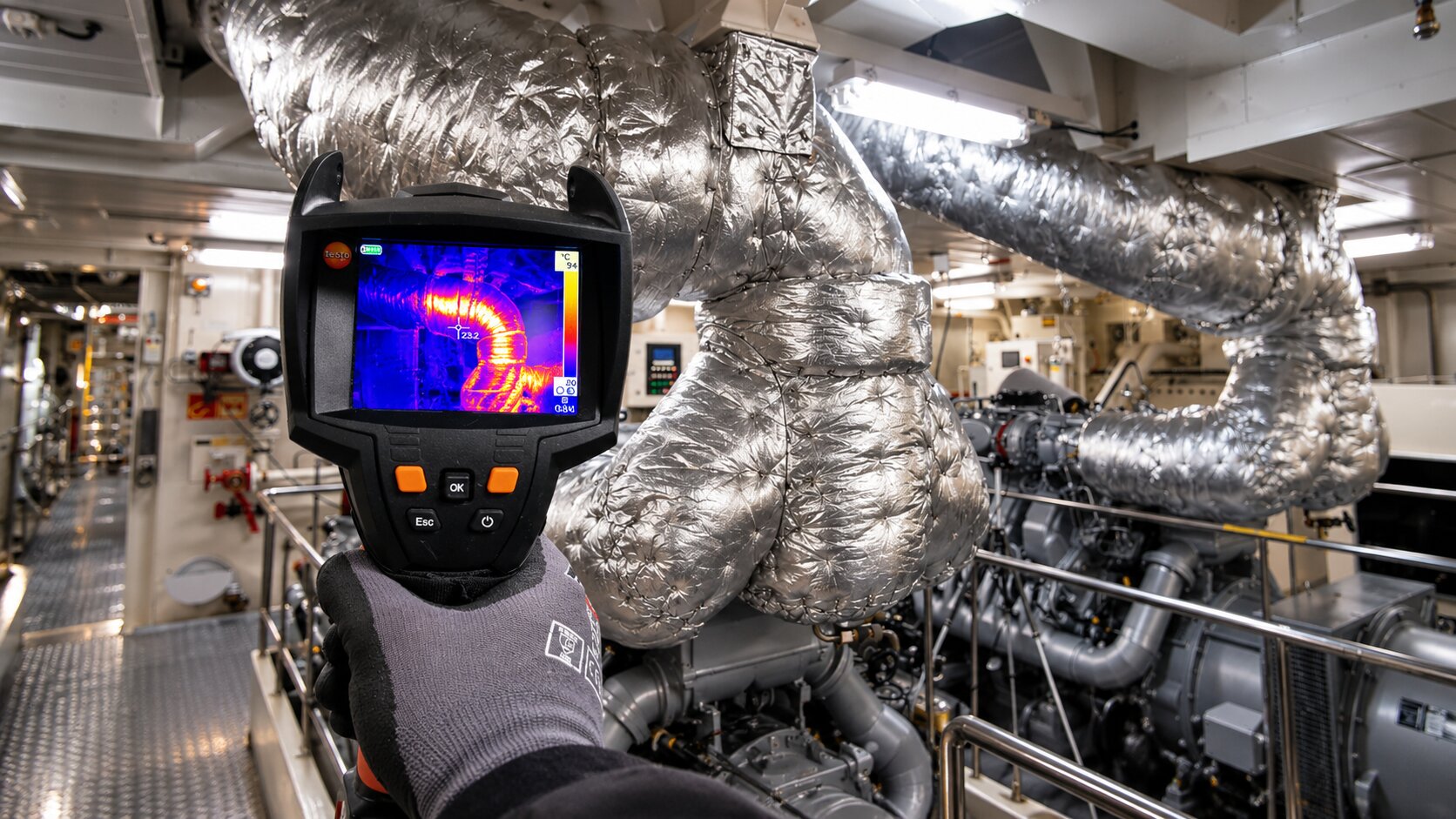 Hand in werkhandschoen meet met een testo warmtebeeldcamera geïsoleerde uitlaatleidingen in een machinekamer