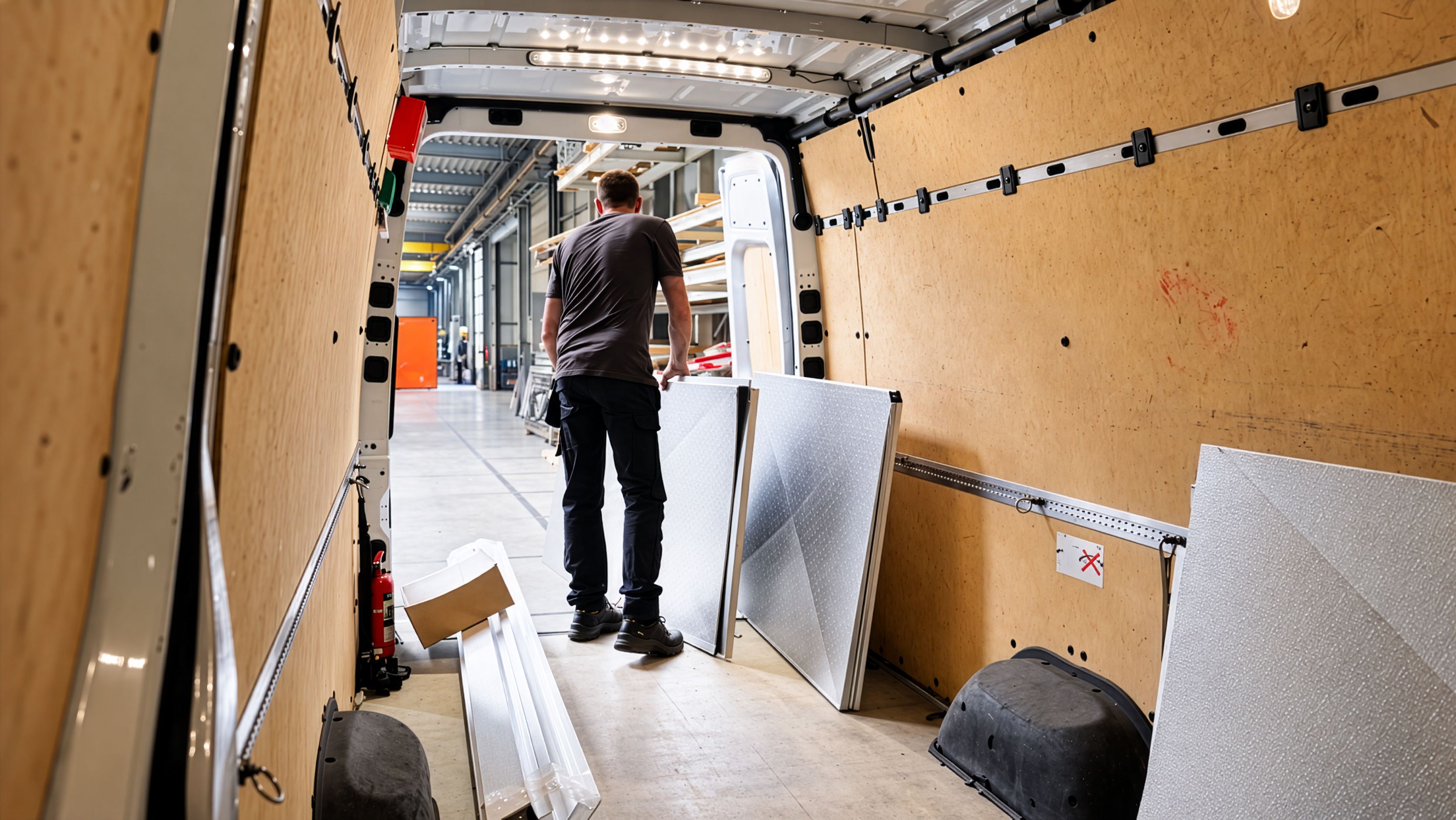 Medewerker plaatst aluminium plaatwerk in de laadruimte van een bedrijfsbus