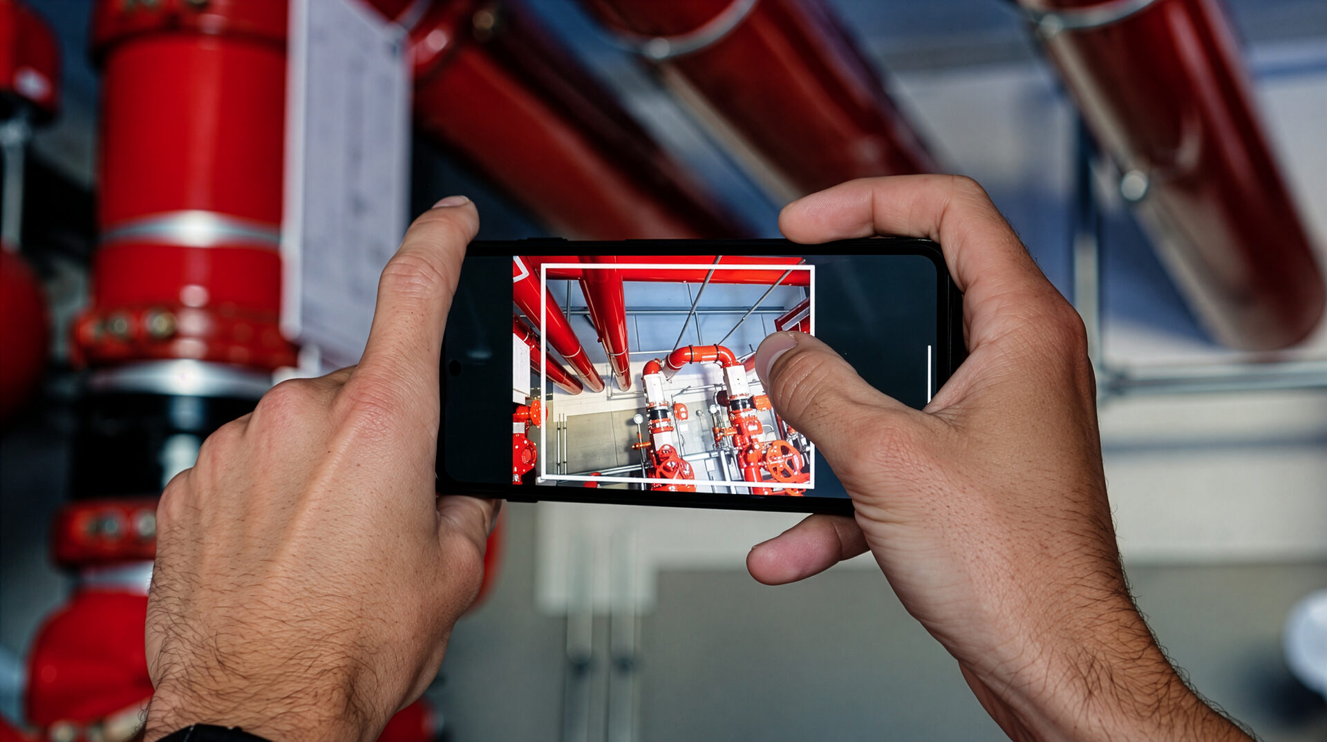 Medewerker van Technisch Isolatiebedrijf Nijmegen fotografeert met een telefoon een installatie met rode leidingen