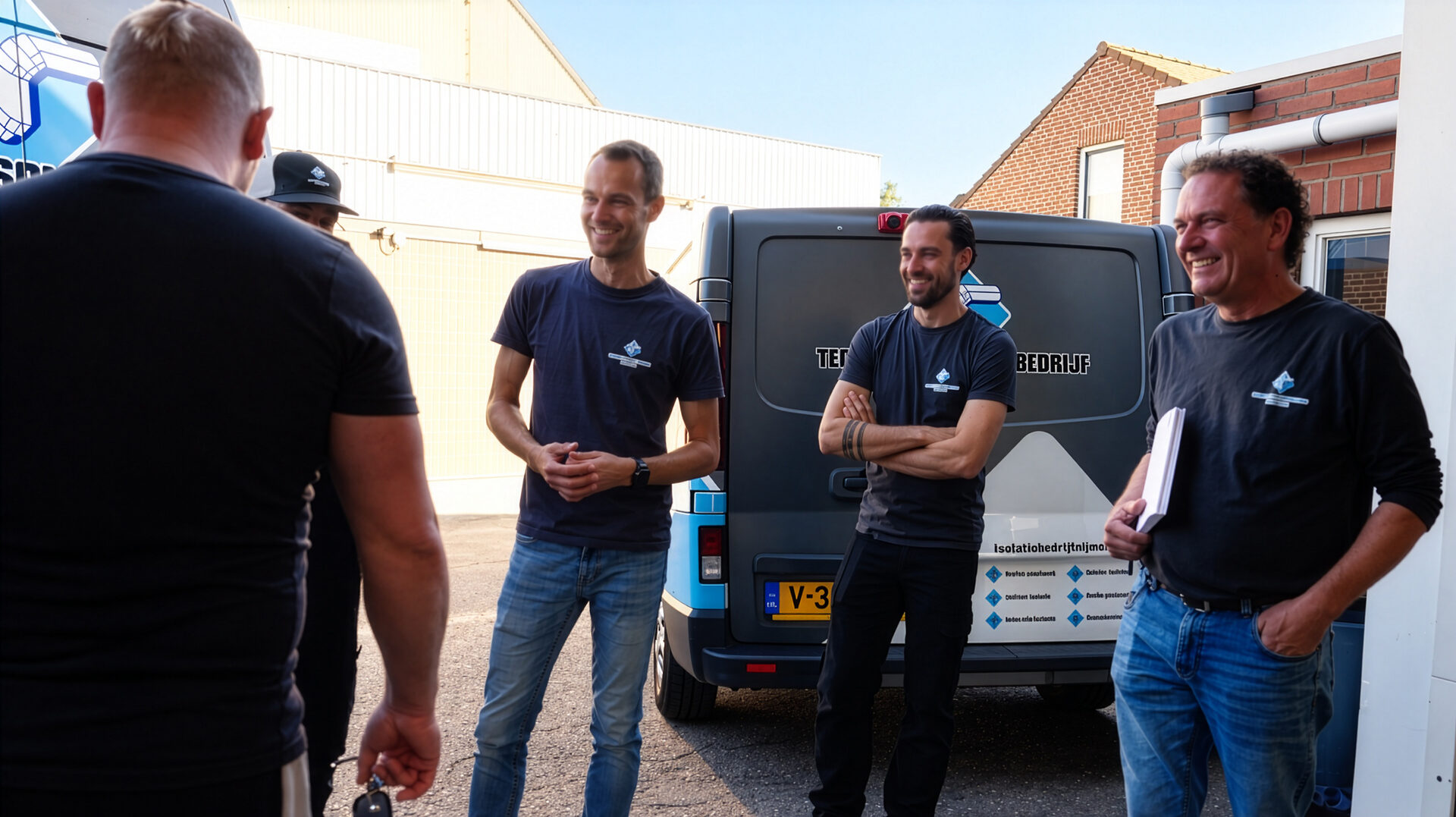 Medewerkers van Technisch Isolatiebedrijf Nijmegen staan lachend bij een bedrijfsbus